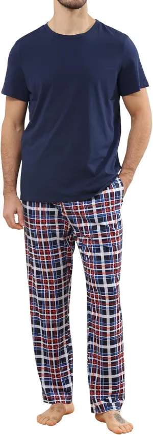 Mens Pajamas Set Cotton Short Sleeve and Plaid Long Pants Loungewear Sleepwear Set Soft Comfy 2 Piece Nightwear