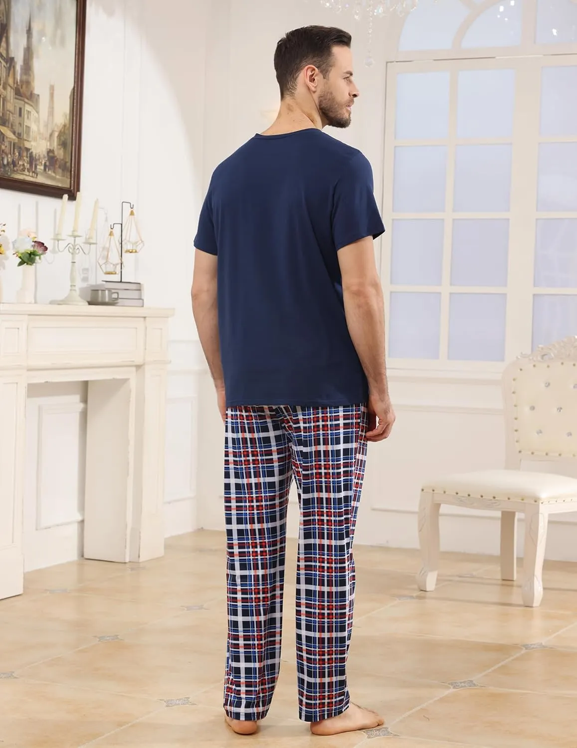 Mens Pajamas Set Cotton Short Sleeve and Plaid Long Pants Loungewear Sleepwear Set Soft Comfy 2 Piece Nightwear