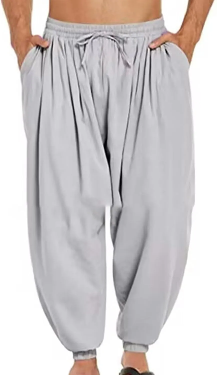 Mens Pants Casual Cinch Bottom Harem Pants Elastic Waist Drawstring Tapered Pant Baggy Breathable Jogger with Pockets