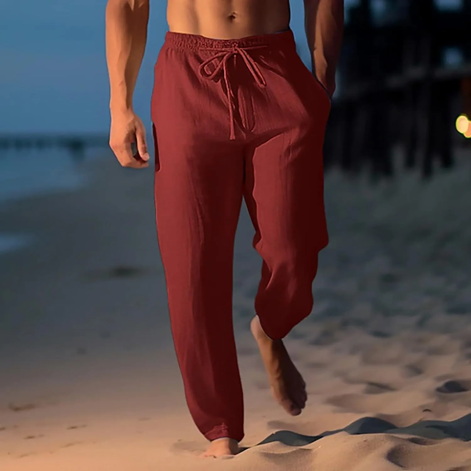 Men's Summer Beach Linen Pants Lightweight Casual Pants Elastic Waist Drawstring Trousers Outdoor Vacation Slacks
