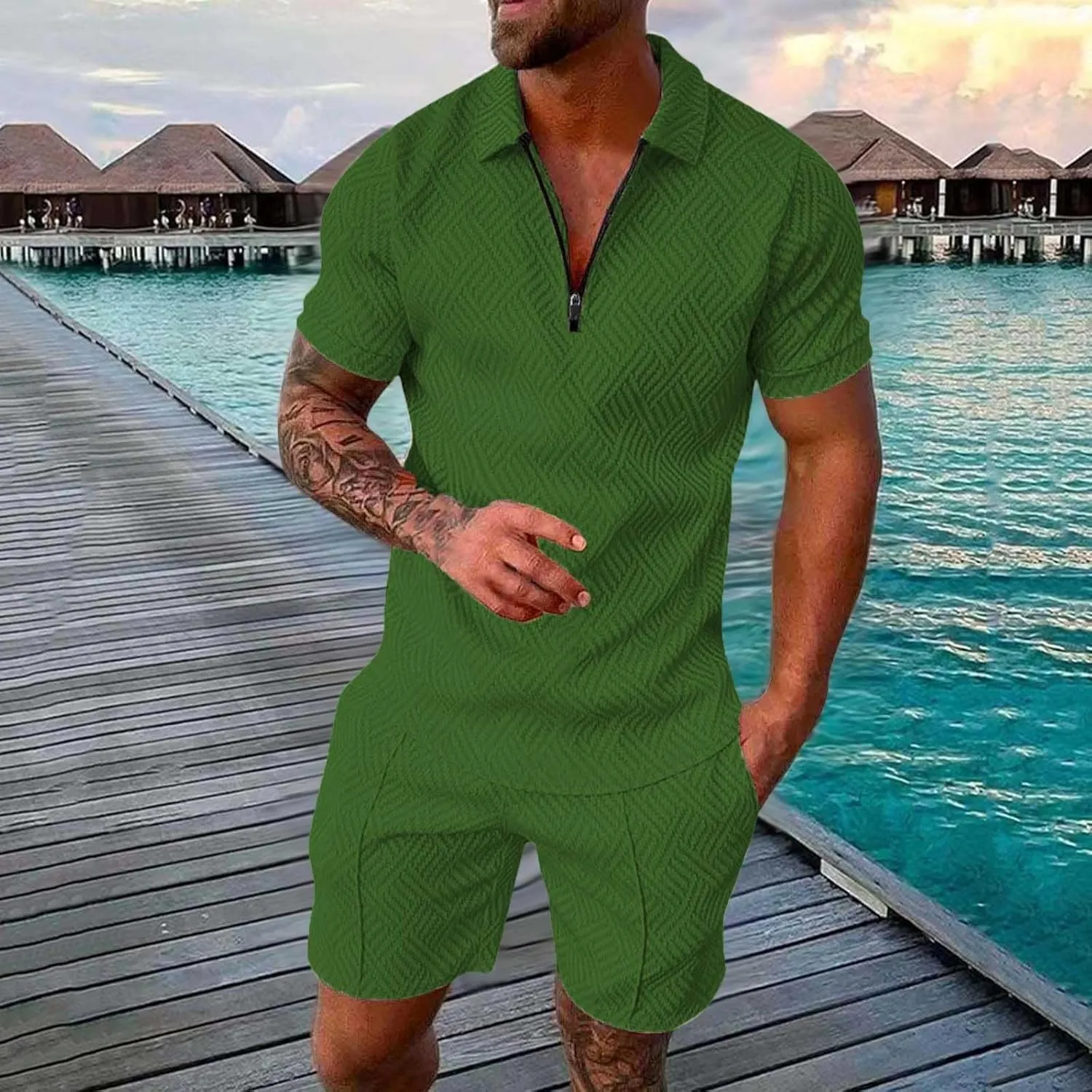 Men's Track Suits 2 Piece Striped Quarter Zipper Summer Sets Outfits Polo Shirt Breathable Casual Short Sleeve and Shorts Set