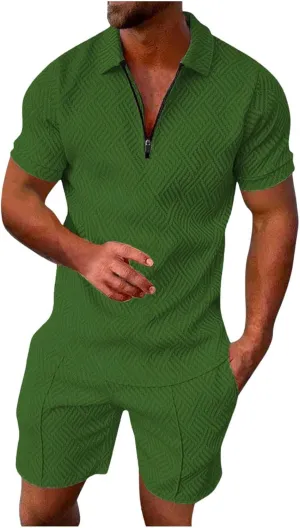 Men's Track Suits 2 Piece Striped Quarter Zipper Summer Sets Outfits Polo Shirt Breathable Casual Short Sleeve and Shorts Set