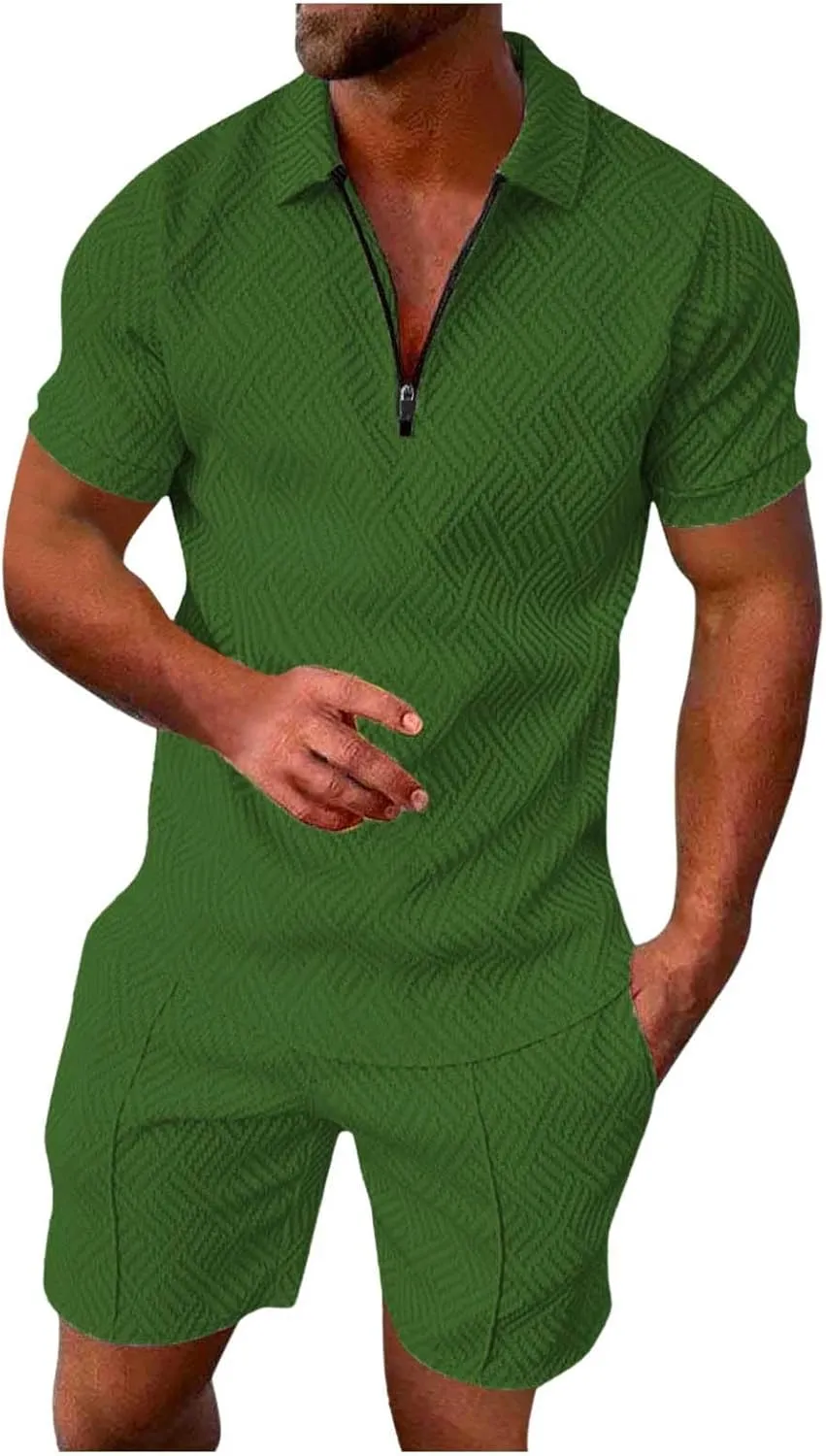 Men's Track Suits 2 Piece Striped Quarter Zipper Summer Sets Outfits Polo Shirt Breathable Casual Short Sleeve and Shorts Set