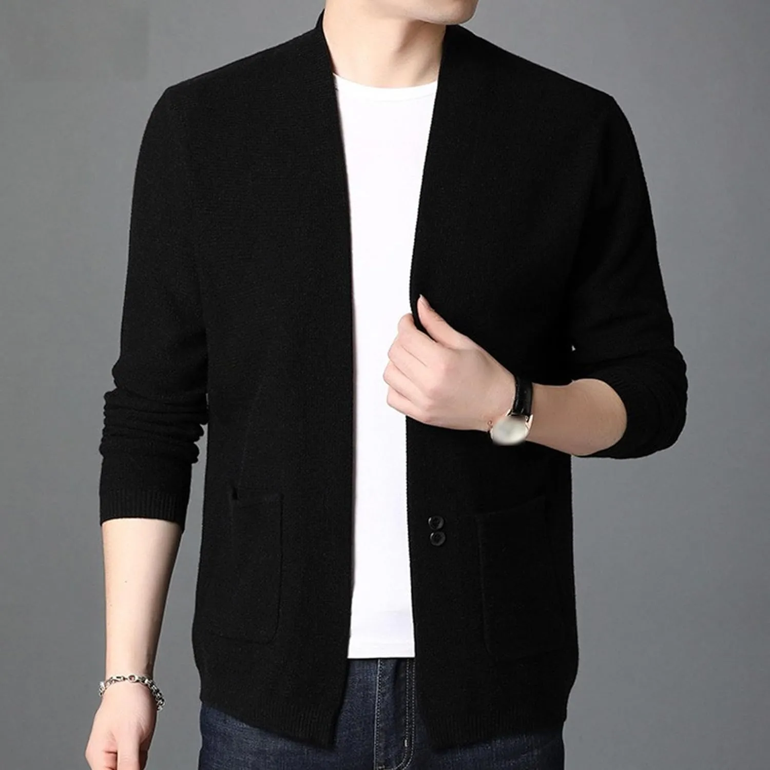Men's V Neck Rib Knit Open Sweater Lightweight Button Down Knitted Cardigan Solid Slim Fit Knitwear Outerwear