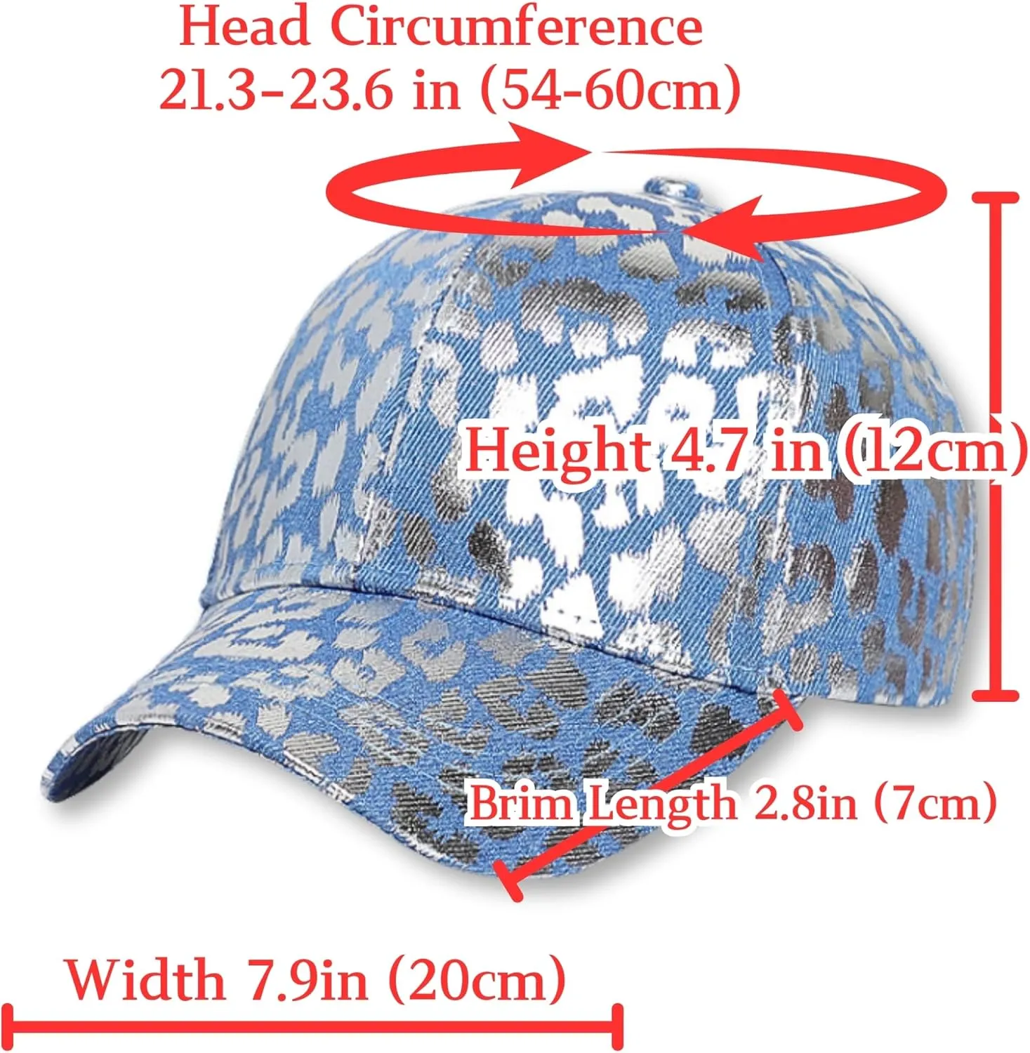 Metallic Leopard Printed Denim Jeans Style Adjustable Trucker Hat Key Ring Strap, Breathable Adjustable Hip Hop Baseball Cap