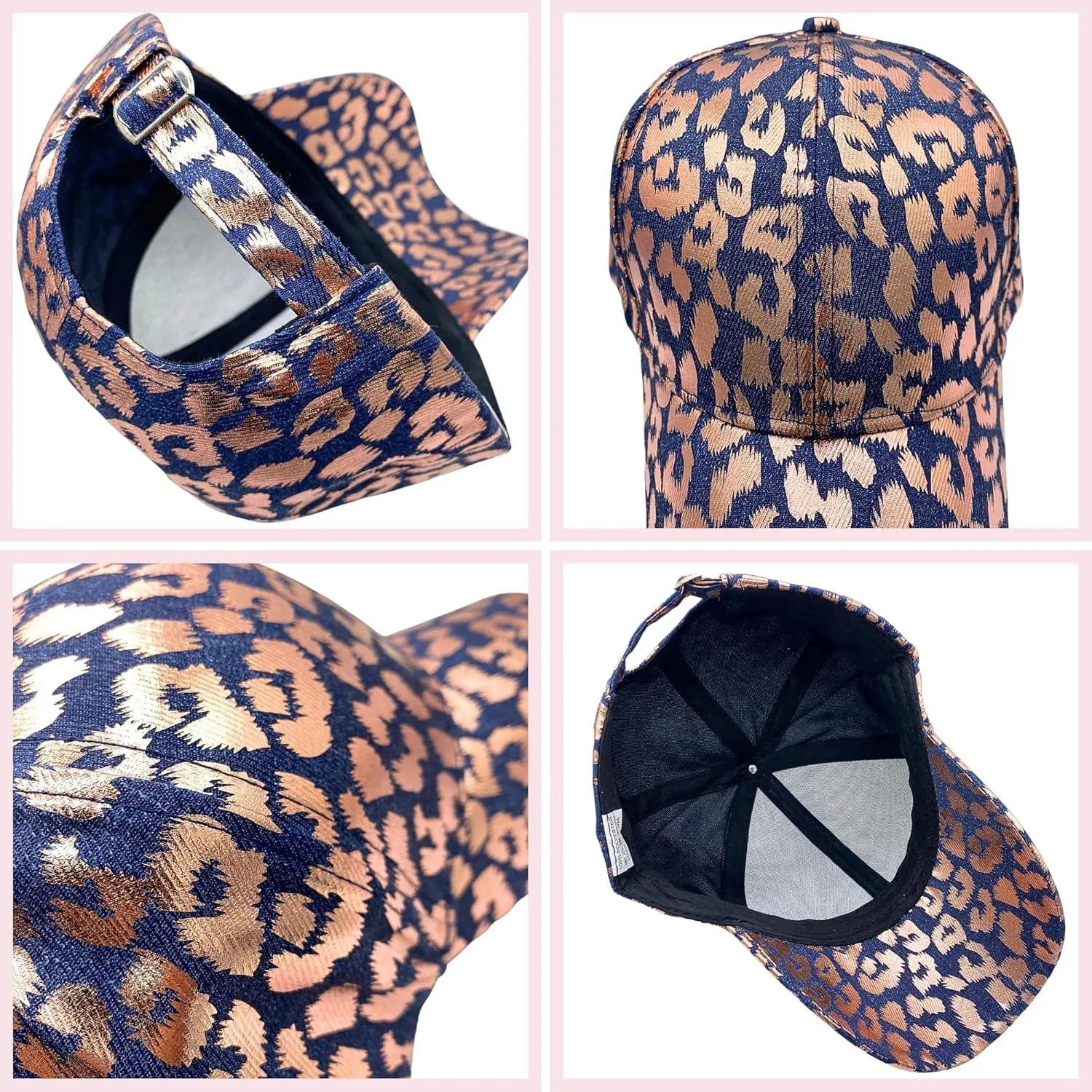 Metallic Leopard Printed Denim Jeans Style Adjustable Trucker Hat Key Ring Strap, Breathable Adjustable Hip Hop Baseball Cap