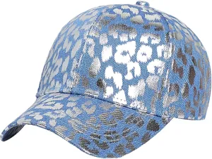 Metallic Leopard Printed Denim Jeans Style Adjustable Trucker Hat Key Ring Strap, Breathable Adjustable Hip Hop Baseball Cap