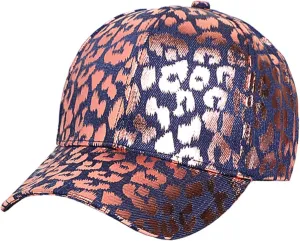 Metallic Leopard Printed Denim Jeans Style Adjustable Trucker Hat Key Ring Strap, Breathable Adjustable Hip Hop Baseball Cap