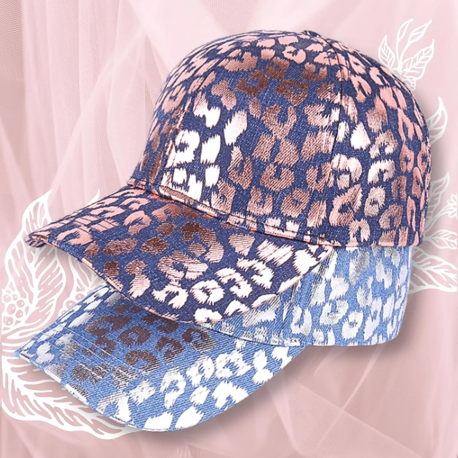 Metallic Leopard Printed Denim Jeans Style Adjustable Trucker Hat Key Ring Strap, Breathable Adjustable Hip Hop Baseball Cap