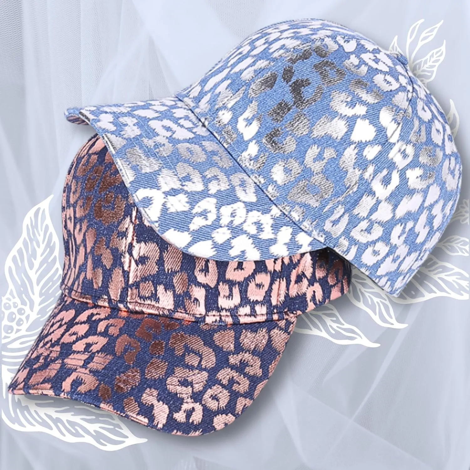 Metallic Leopard Printed Denim Jeans Style Adjustable Trucker Hat Key Ring Strap, Breathable Adjustable Hip Hop Baseball Cap