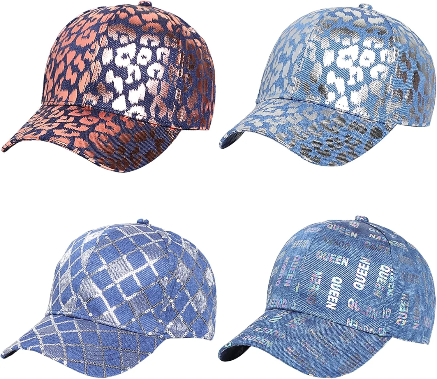 Metallic Leopard Printed Denim Jeans Style Adjustable Trucker Hat Key Ring Strap, Breathable Adjustable Hip Hop Baseball Cap