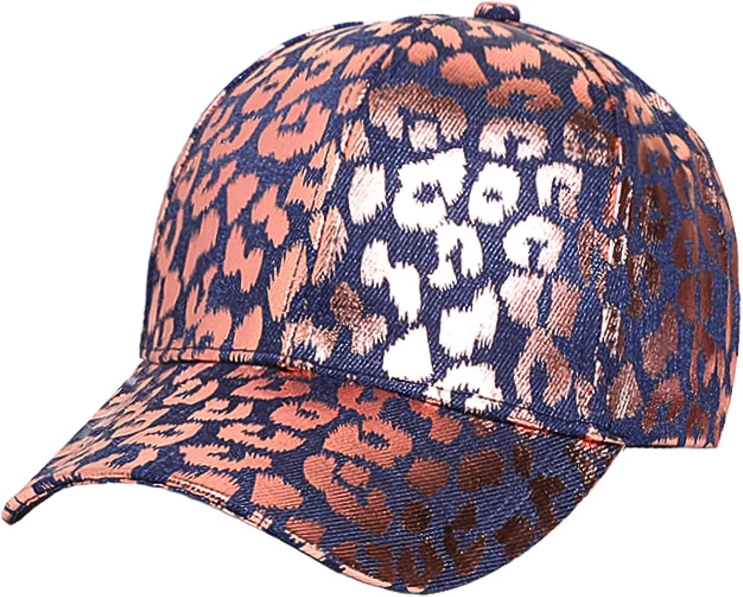 Metallic Leopard Printed Denim Jeans Style Adjustable Trucker Hat Key Ring Strap, Breathable Adjustable Hip Hop Baseball Cap