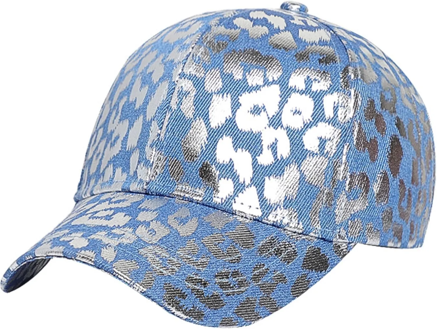 Metallic Leopard Printed Denim Jeans Style Adjustable Trucker Hat Key Ring Strap, Breathable Adjustable Hip Hop Baseball Cap