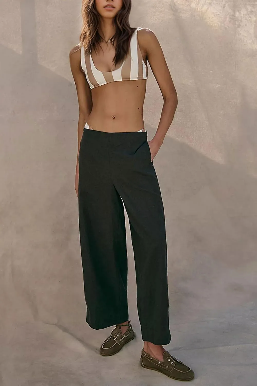MISSACTIVER Women’s Cotton Linen Wide Leg Trousers Summer Elastic Waist Palazzo Pants Casual Lounge Pants with Pockets