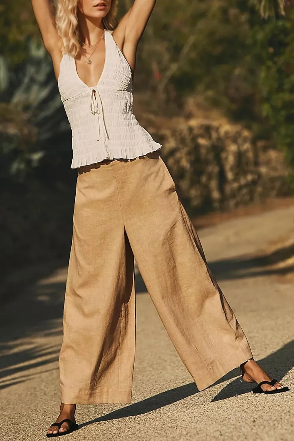 MISSACTIVER Women’s Cotton Linen Wide Leg Trousers Summer Elastic Waist Palazzo Pants Casual Lounge Pants with Pockets