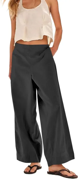MISSACTIVER Women’s Cotton Linen Wide Leg Trousers Summer Elastic Waist Palazzo Pants Casual Lounge Pants with Pockets