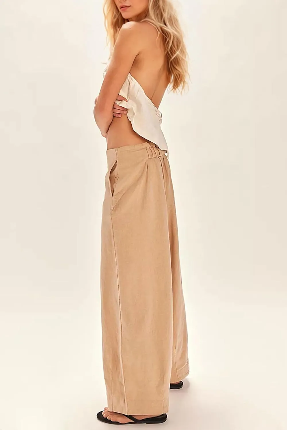 MISSACTIVER Women’s Cotton Linen Wide Leg Trousers Summer Elastic Waist Palazzo Pants Casual Lounge Pants with Pockets