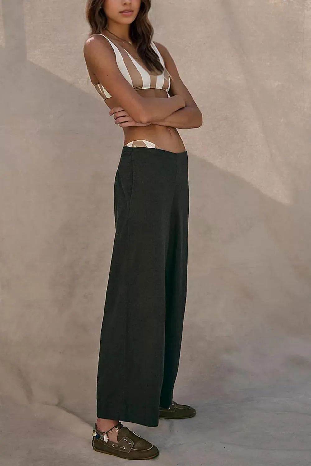 MISSACTIVER Women’s Cotton Linen Wide Leg Trousers Summer Elastic Waist Palazzo Pants Casual Lounge Pants with Pockets