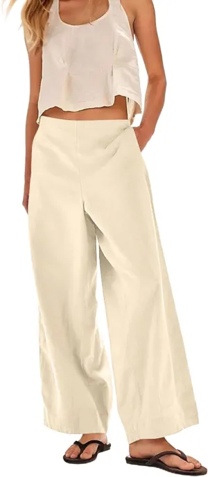 MISSACTIVER Women’s Cotton Linen Wide Leg Trousers Summer Elastic Waist Palazzo Pants Casual Lounge Pants with Pockets