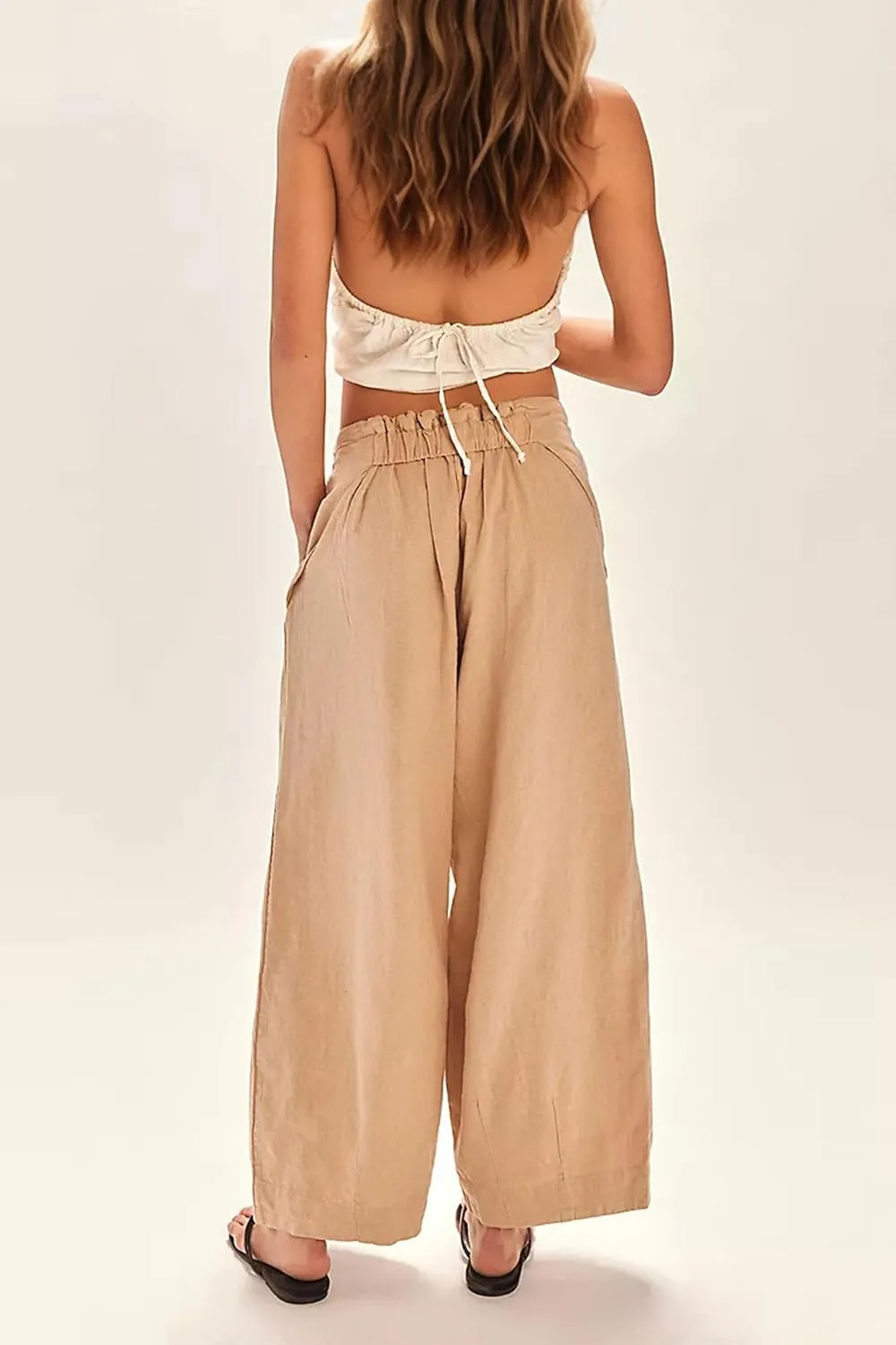 MISSACTIVER Women’s Cotton Linen Wide Leg Trousers Summer Elastic Waist Palazzo Pants Casual Lounge Pants with Pockets
