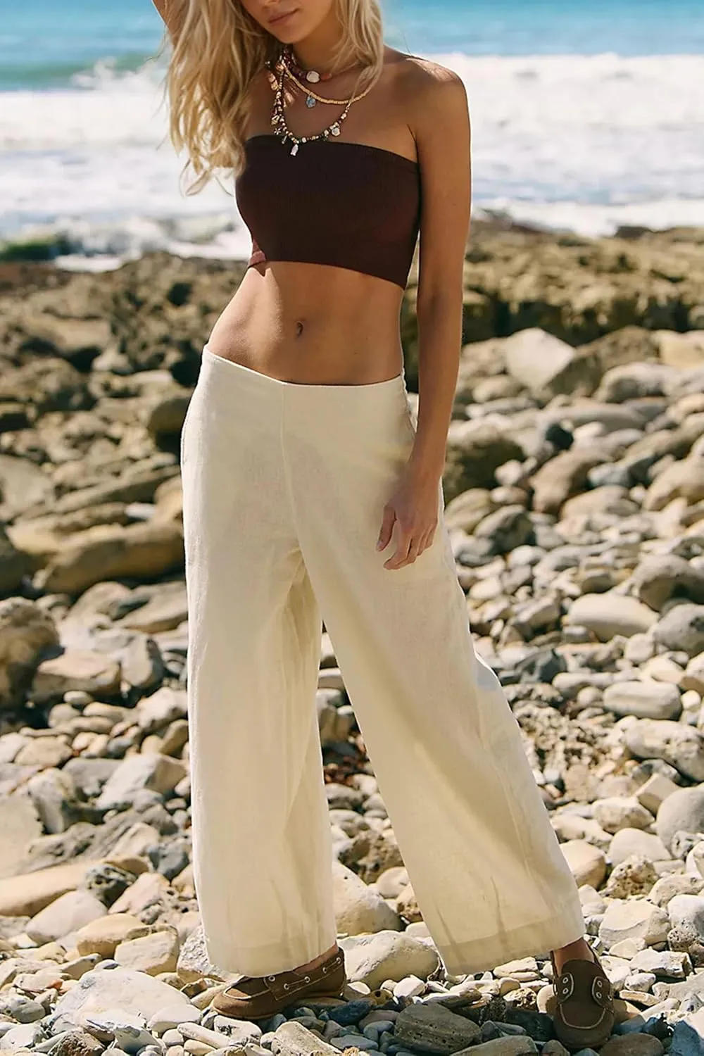 MISSACTIVER Women’s Cotton Linen Wide Leg Trousers Summer Elastic Waist Palazzo Pants Casual Lounge Pants with Pockets