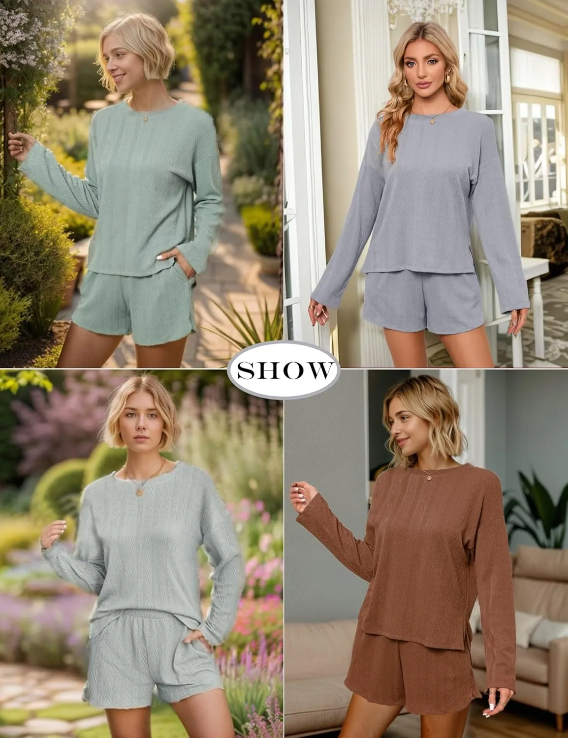 MISSKY Women's Waffle Lounge Sets Long Sleeve Ribbed Knit Top and Shorts 2 Piece Pajama Sweatsuit Set Pockets Outfits