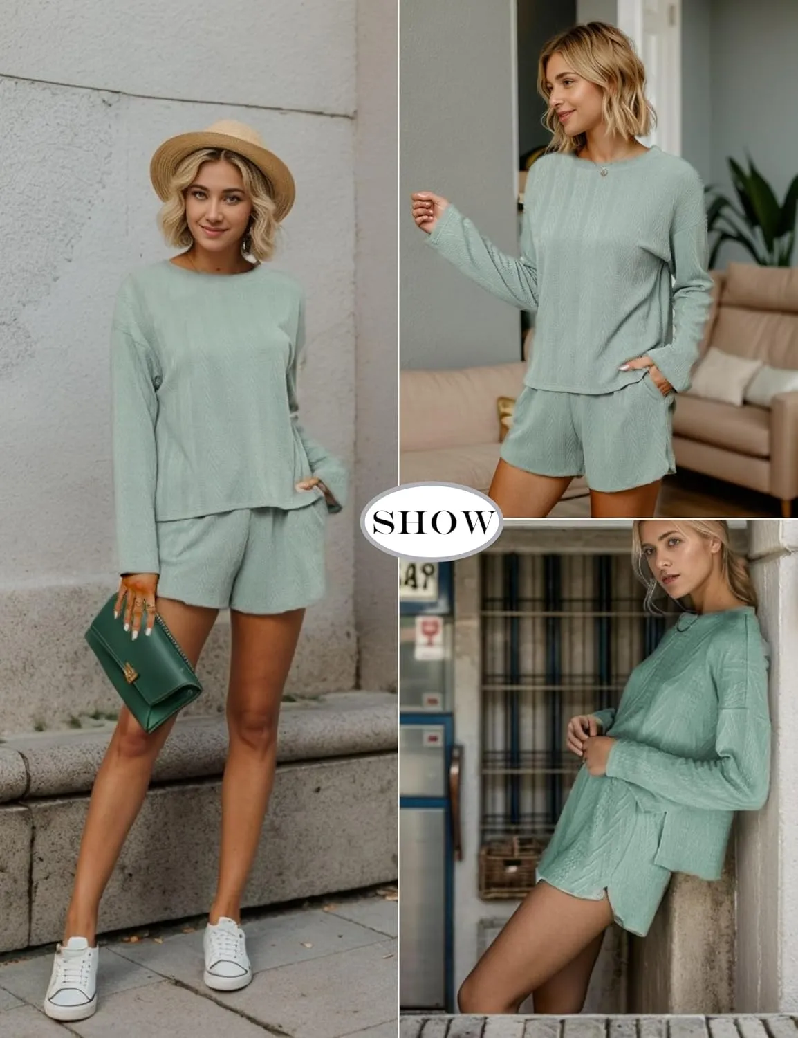 MISSKY Women's Waffle Lounge Sets Long Sleeve Ribbed Knit Top and Shorts 2 Piece Pajama Sweatsuit Set Pockets Outfits
