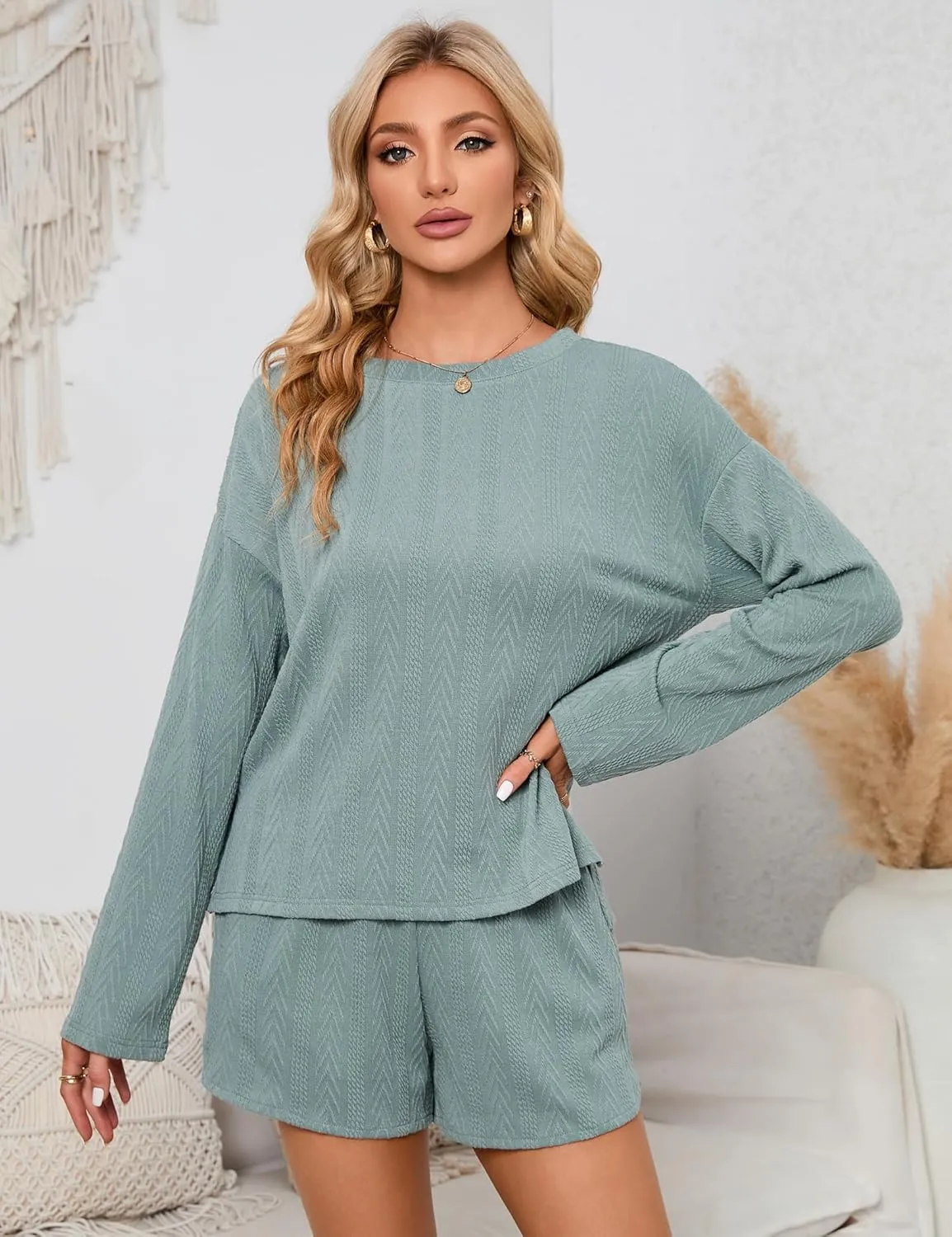 MISSKY Women's Waffle Lounge Sets Long Sleeve Ribbed Knit Top and Shorts 2 Piece Pajama Sweatsuit Set Pockets Outfits