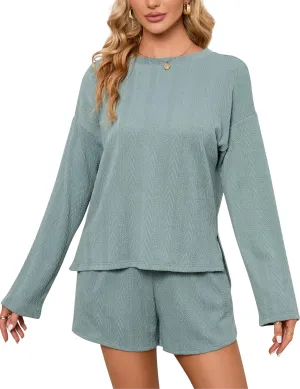 MISSKY Women's Waffle Lounge Sets Long Sleeve Ribbed Knit Top and Shorts 2 Piece Pajama Sweatsuit Set Pockets Outfits