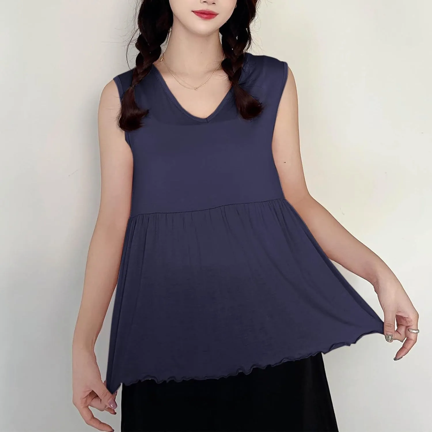 Modal Casual Tank Tops for Women, V-Neck Loose Sleeveless Summer Daily Shirts Comfy Breathable Ruffle Hem Clothes