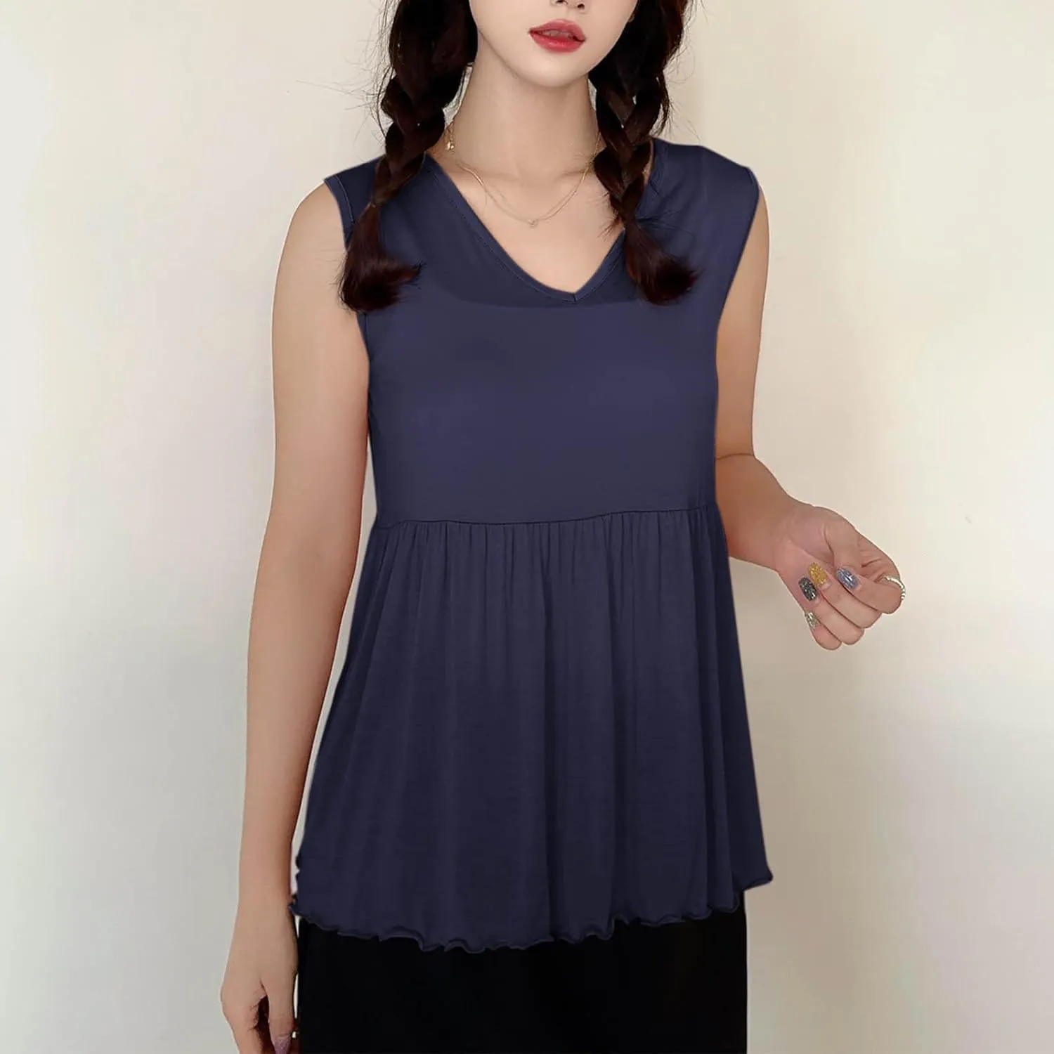 Modal Casual Tank Tops for Women, V-Neck Loose Sleeveless Summer Daily Shirts Comfy Breathable Ruffle Hem Clothes