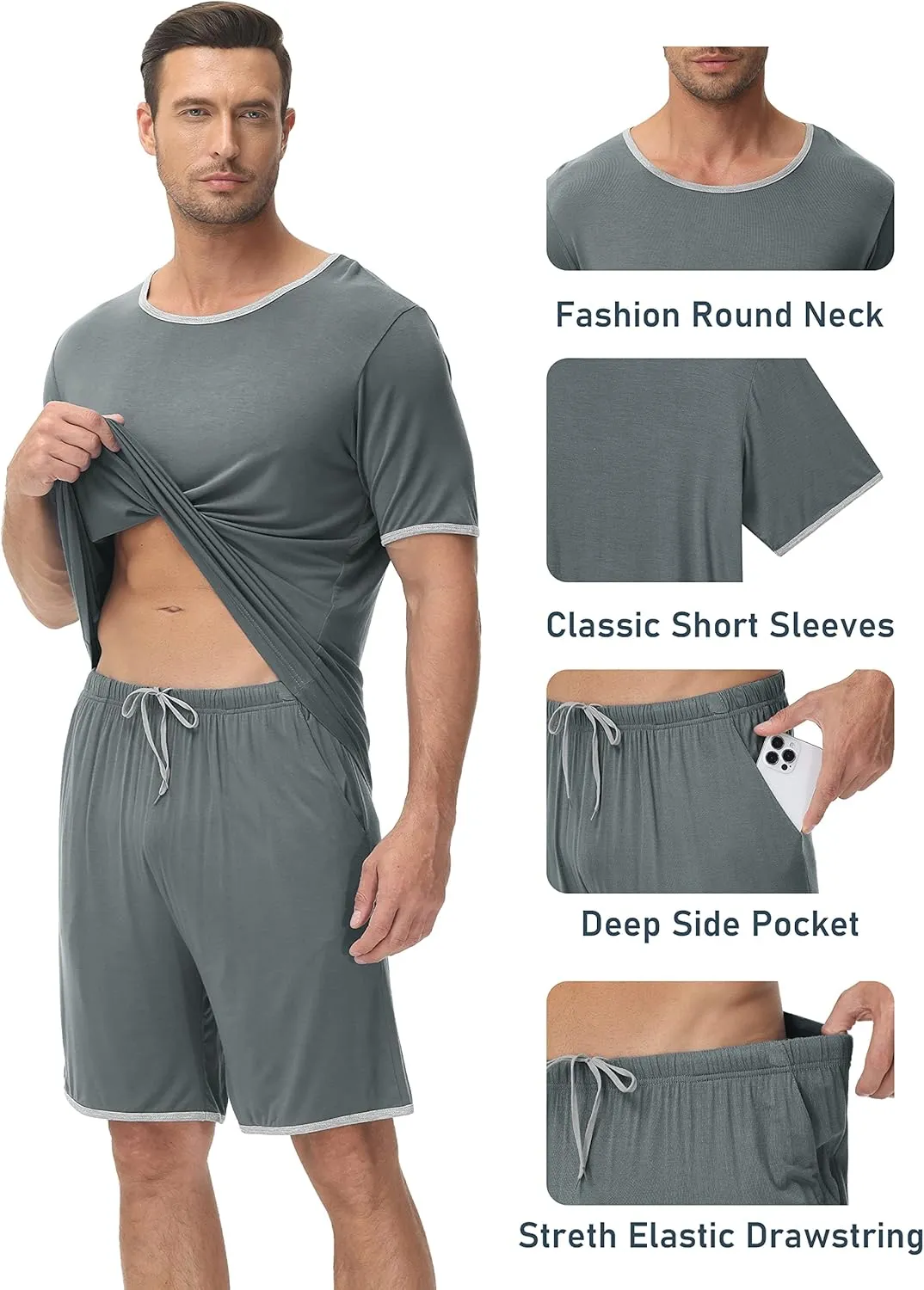 MoFiz Men's Pajamas Set Sleepwear Sleep Shirt and Shorts Pajama Set Lightweight Soft Mens Pjs Lounge Set with Pockets S-3XL