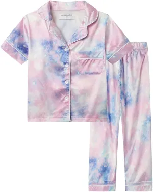 Mud Kingdom Little Girl Satin Silk Pajamas Set Short Sleeve Button Down 2 Piece Summer Loungewear