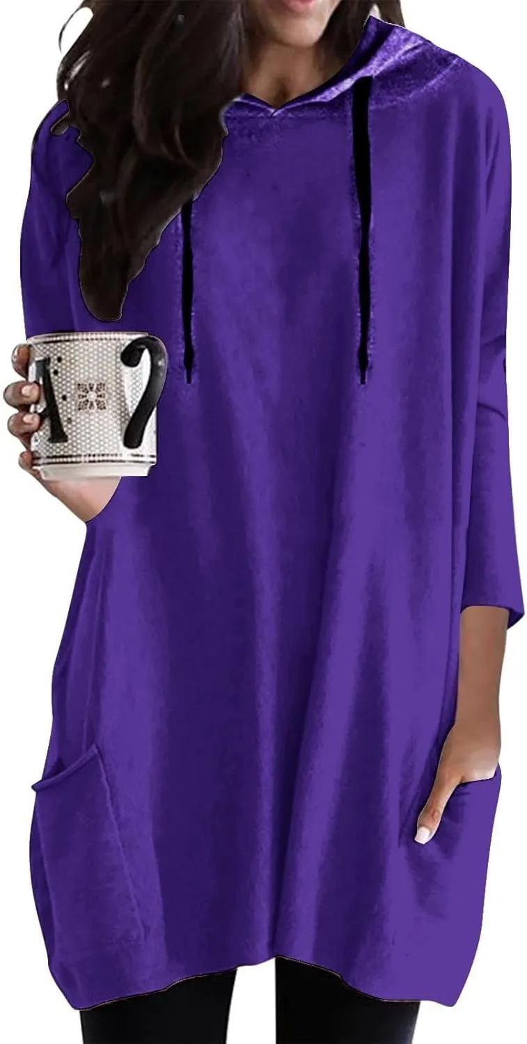 Oversized Hoodie Dress for Women Casual Drawstring Long Sweatshirt with Pocket Hooded Mini Sweatshirt Dress