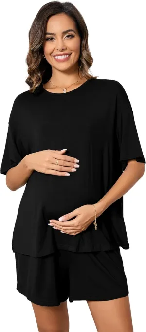 OYOANGLE Women's Maternity 2 Pieces Pajamas Outfits Casual Short Sleeve T-shirt Top and Shorts Loungewear