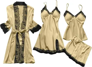 Pajamas for Women Silk Pajama Set 4pcs Robe Lingerie Satin Sleepwear Nightdress Lace Nightgown Sexy Set
