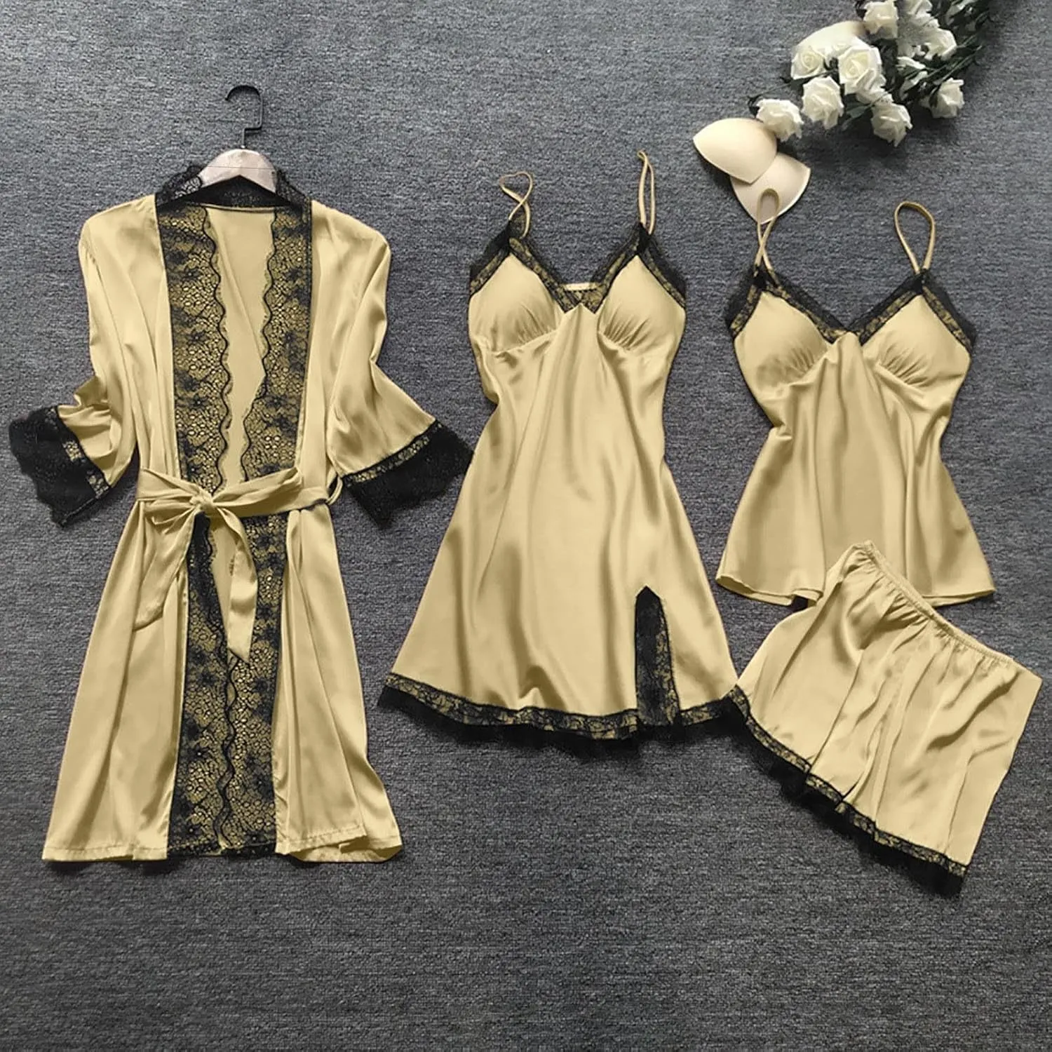 Pajamas for Women Silk Pajama Set 4pcs Robe Lingerie Satin Sleepwear Nightdress Lace Nightgown Sexy Set