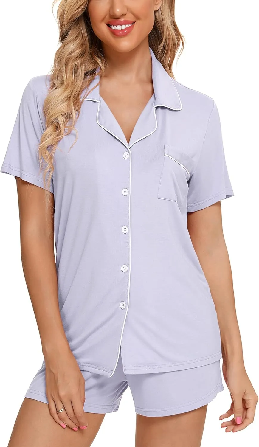 Pjmlifecoco Button Down Pajamas Set for Women, Two-Piece Short Sleeve Top and Shorts, Lightweight Sleepwear Lounge PJs, S-XXL