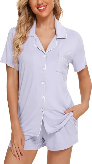 Pjmlifecoco Button Down Pajamas Set for Women, Two-Piece Short Sleeve Top and Shorts, Lightweight Sleepwear Lounge PJs, S-XXL