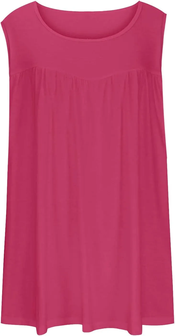 Plus Size Tank Tops Women Casual Summer Sleeveless Tee Round-Neck Pleated T Shirt Loose Flowy Shirts Blouses Tee L-5XL