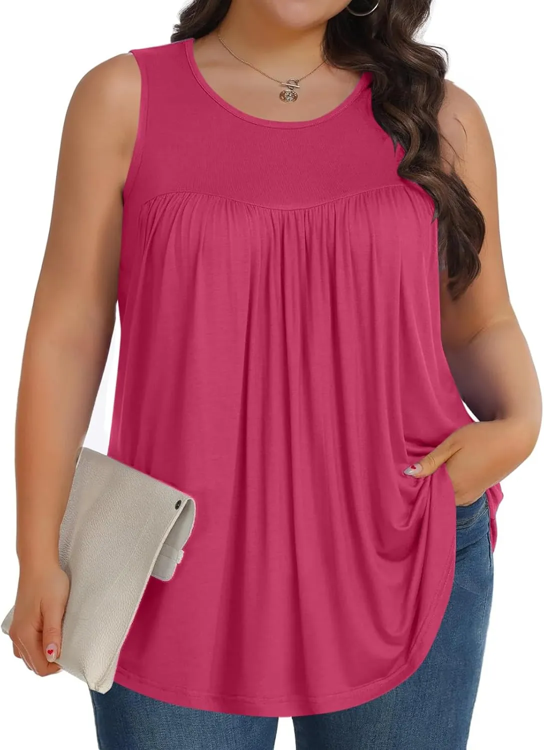Plus Size Tank Tops Women Casual Summer Sleeveless Tee Round-Neck Pleated T Shirt Loose Flowy Shirts Blouses Tee L-5XL