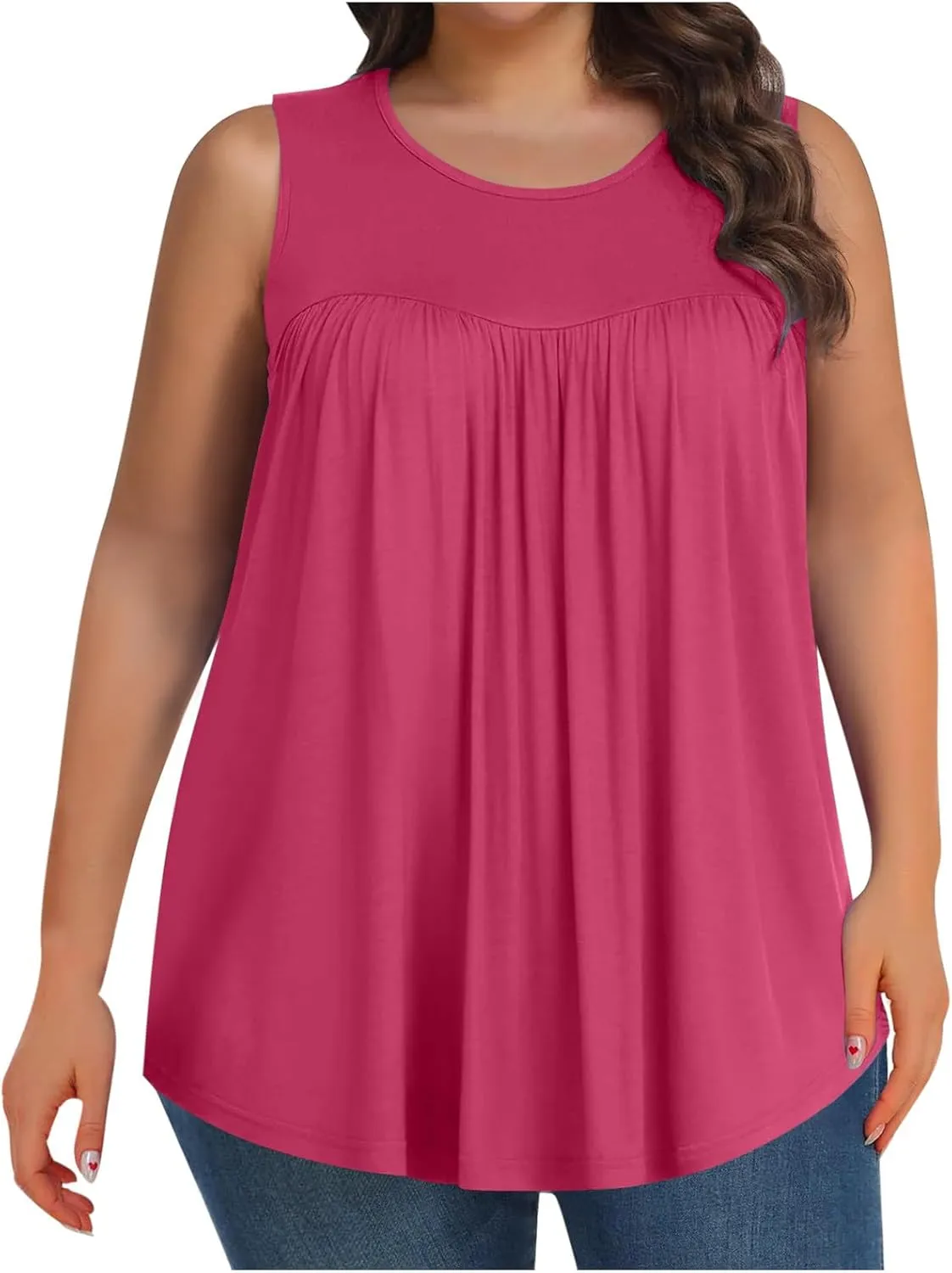 Plus Size Tank Tops Women Casual Summer Sleeveless Tee Round-Neck Pleated T Shirt Loose Flowy Shirts Blouses Tee L-5XL