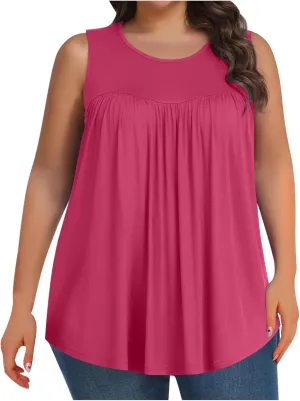 Plus Size Tank Tops Women Casual Summer Sleeveless Tee Round-Neck Pleated T Shirt Loose Flowy Shirts Blouses Tee L-5XL