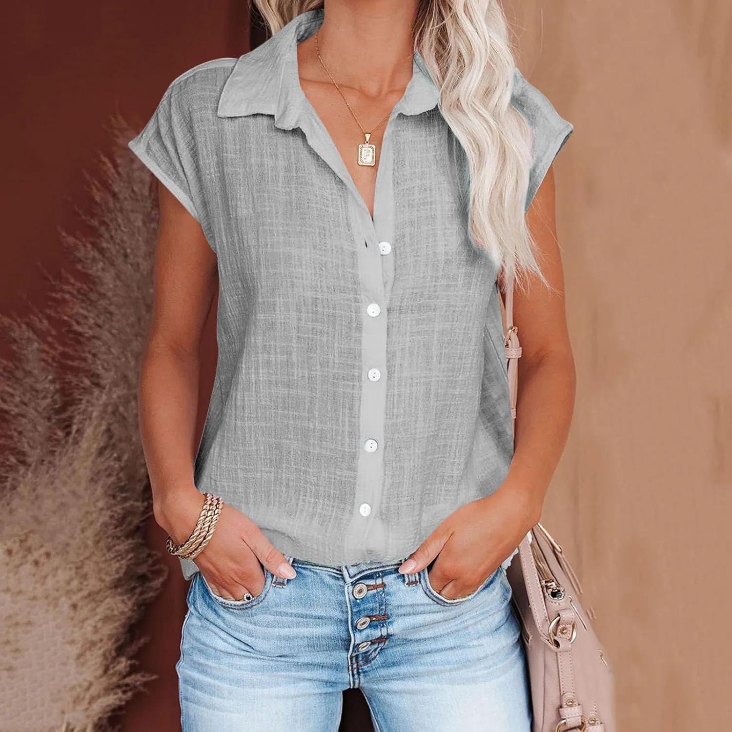 Plus Size Tops for Women Summer Cotton Linen Shirts Button Down Solid Color Tee Shirts Casual Vacation Clothes