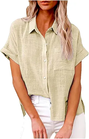 Plus Size Tops for Women Summer Cotton Linen Shirts Button Down Solid Color Tee Shirts Casual Vacation Clothes