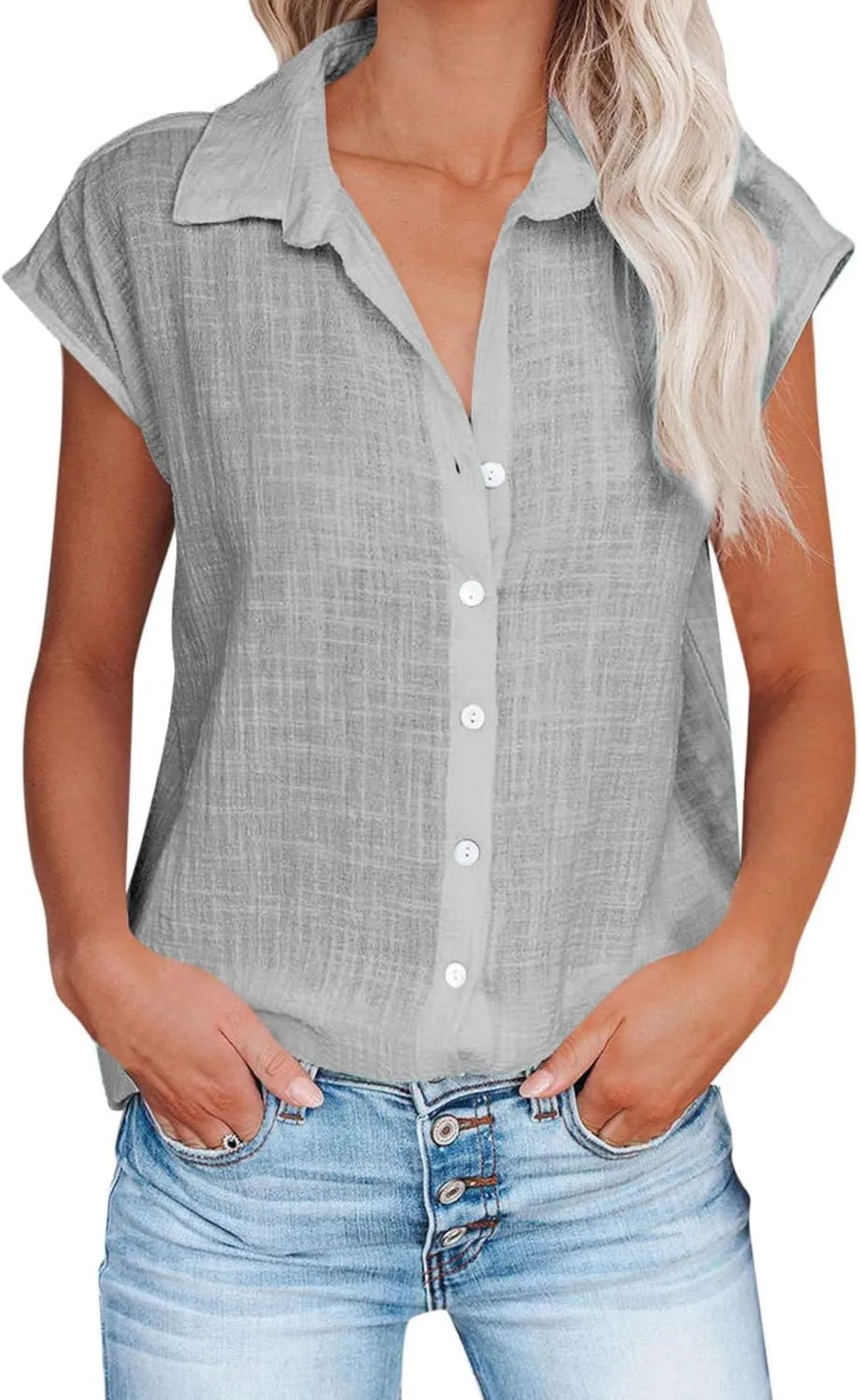 Plus Size Tops for Women Summer Cotton Linen Shirts Button Down Solid Color Tee Shirts Casual Vacation Clothes