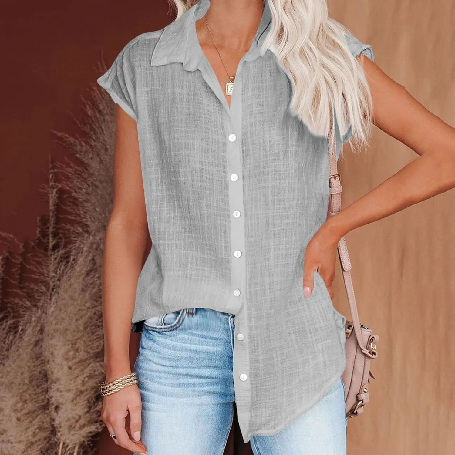 Plus Size Tops for Women Summer Cotton Linen Shirts Button Down Solid Color Tee Shirts Casual Vacation Clothes