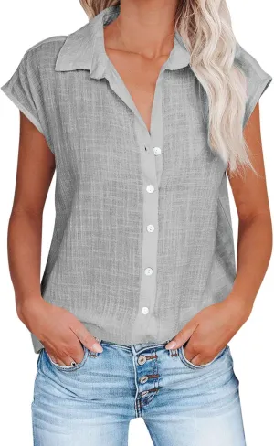Plus Size Tops for Women Summer Cotton Linen Shirts Button Down Solid Color Tee Shirts Casual Vacation Clothes