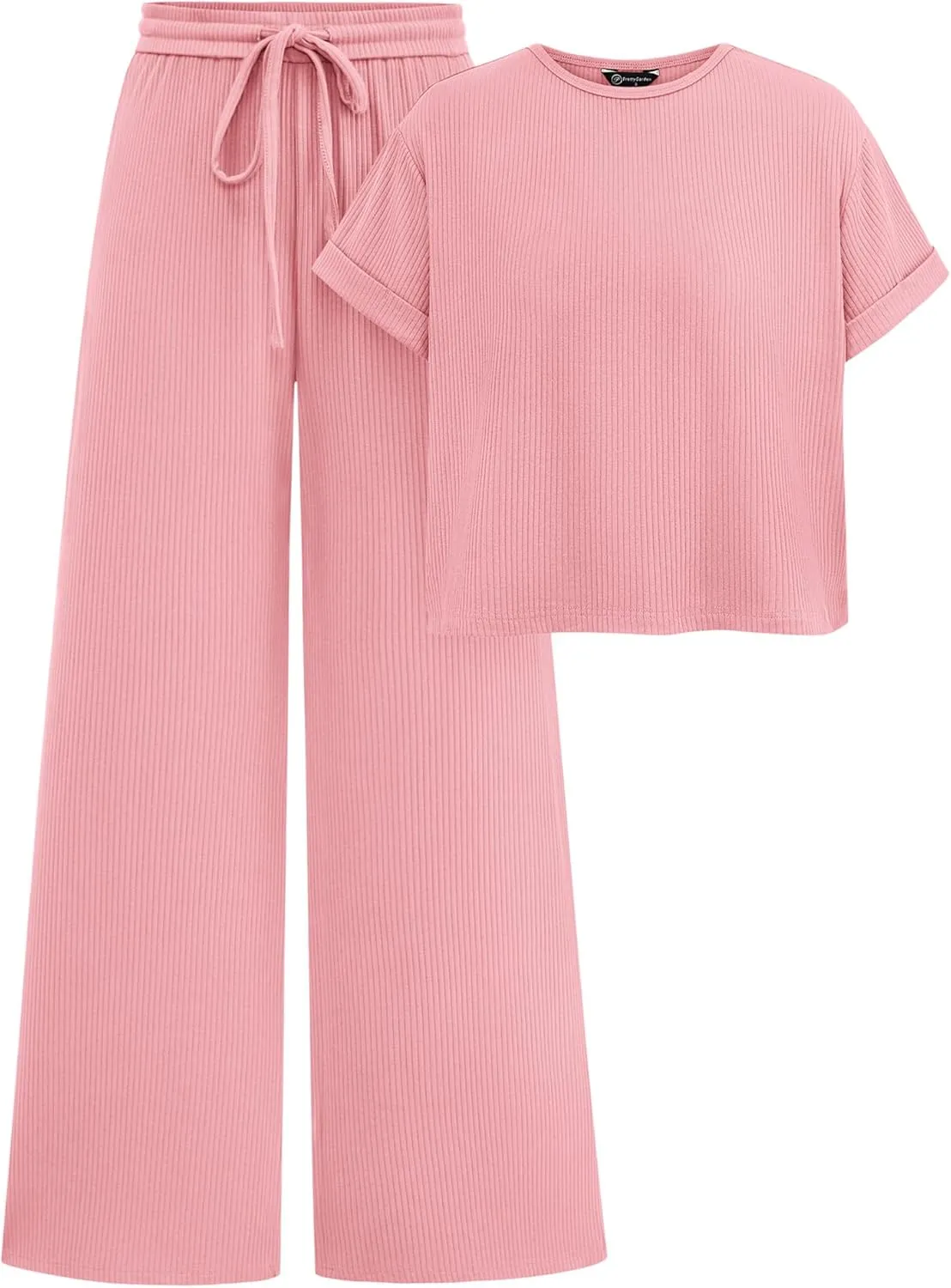 PRETTYGARDEN Women's Summer 2 Piece Knit Loungewear Short Sleeve T Shirts Wide Leg Pants Tracksuit Casual Outfits