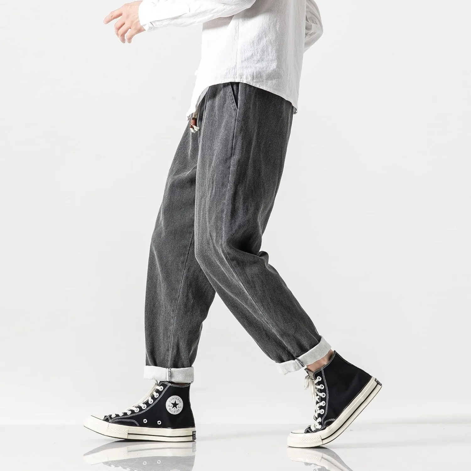 PRIJOUHE Mens Elastic Waist Drawstring Jeans Casual Stretchy Regular Fit Tapered Leg Distressed Jeans Pants